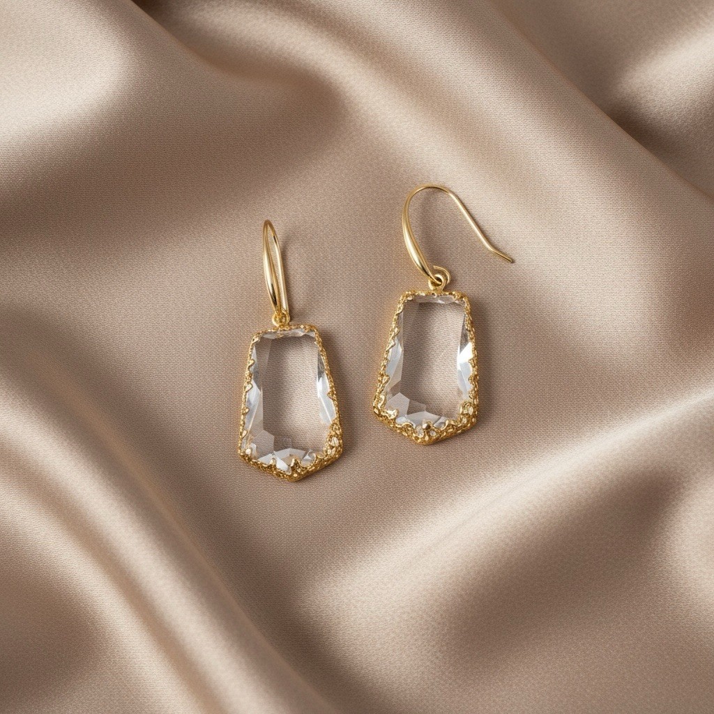 Anthropologie Clear Earrings Geometric Gold Boho Faceted Gemstone Statement VTG