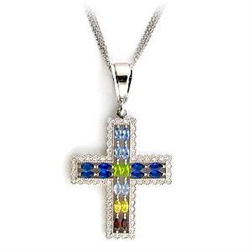 Rhodium Plated .925 Sterling Silver Multi-Color Marquise Cut CZ Cross Pendant…