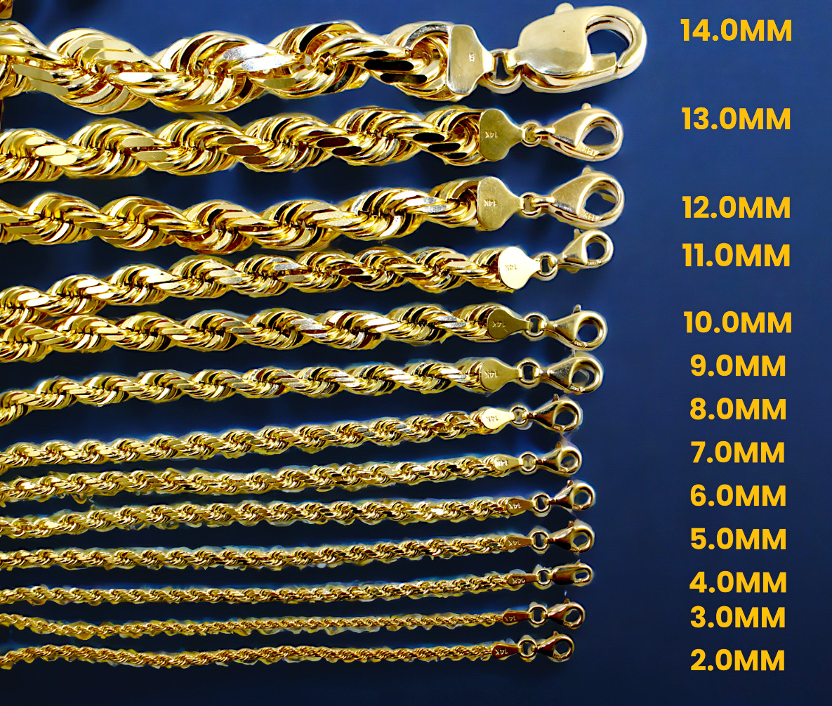 14K Yellow Gold Solid Rope Chain Necklace Diamond Cut Real Gold 1mm-12mm 16″-30″