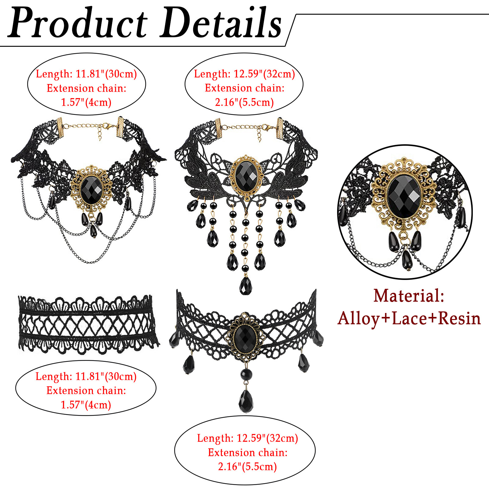 4pcs Womens Gothic Halloween Lace Choker Collar Victorian Necklace Party Jewelry