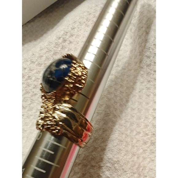 Ring Blue Cabochon Gold Tone Textured Statement Arty Style Celebrity Favorite