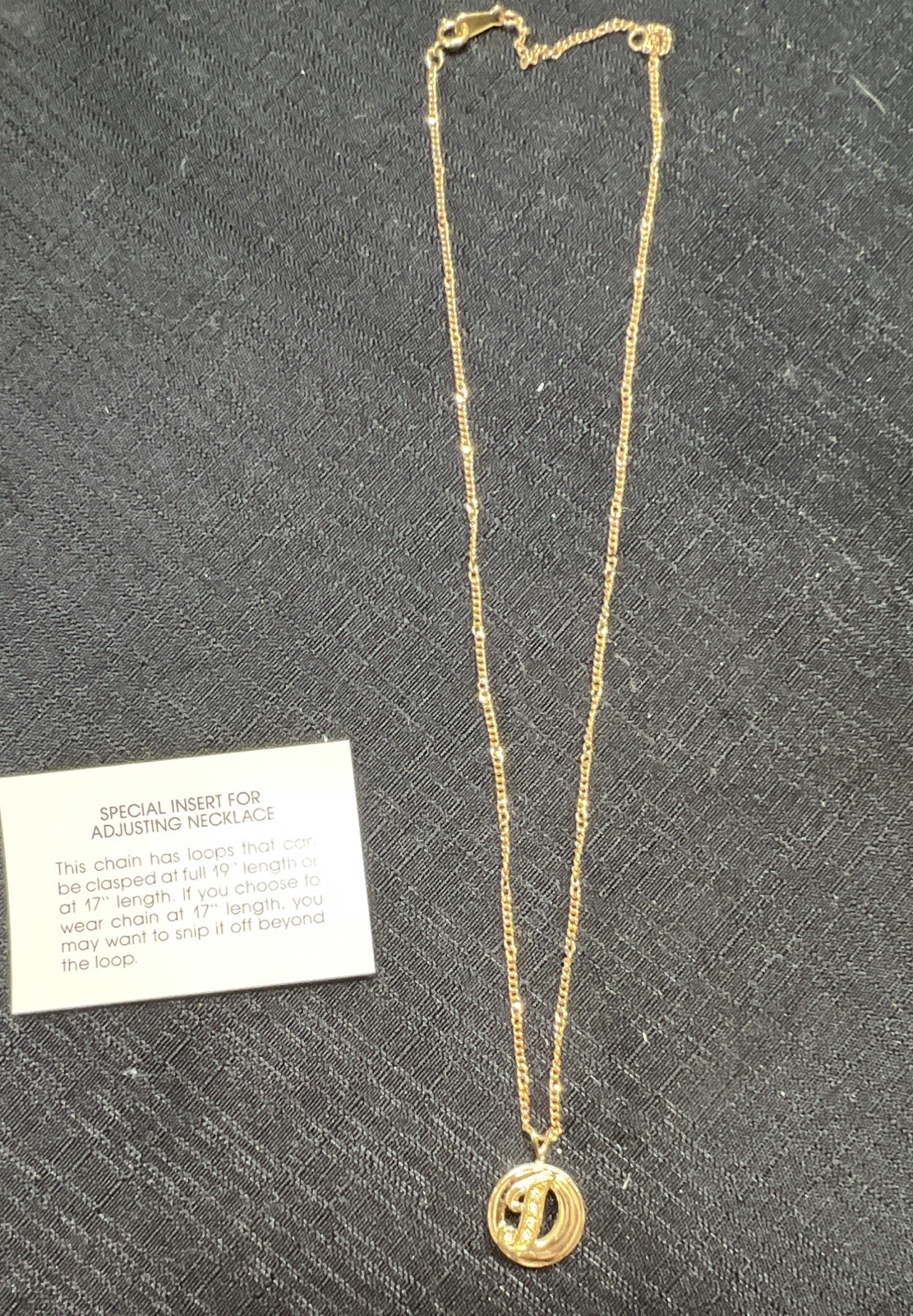 Avon 1987 Gold Tone Crystal Initial “D”Pendant Necklace Adjustable 17-19in