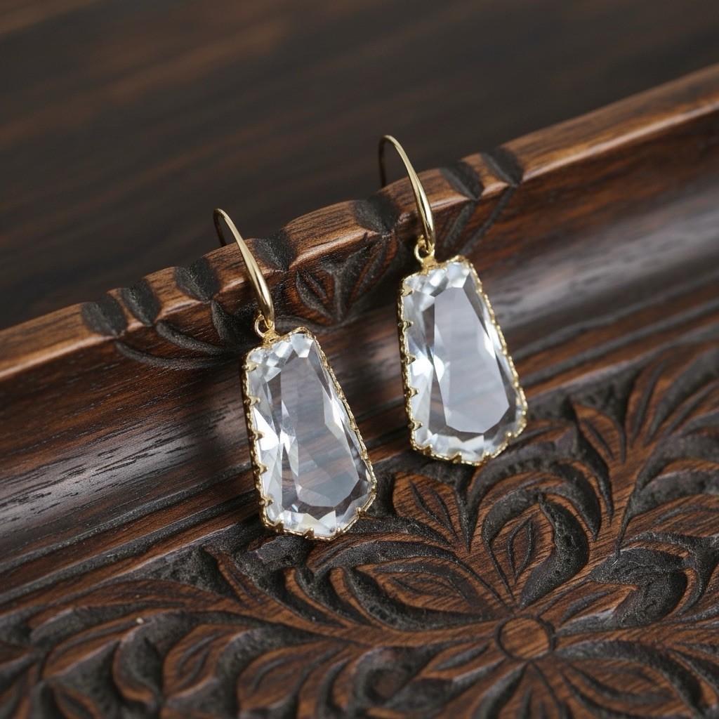 Anthropologie Clear Earrings Geometric Gold Boho Faceted Gemstone Statement VTG