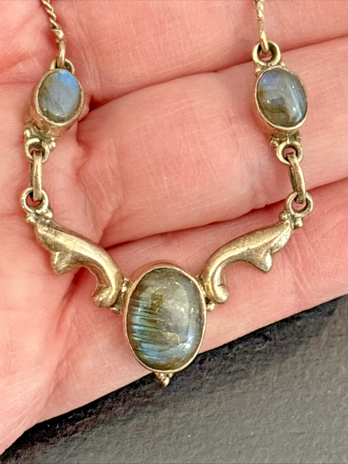 Delicate Labradorite Gemstone 925 Sterling Silver 12″ – 14″ Choker Necklace