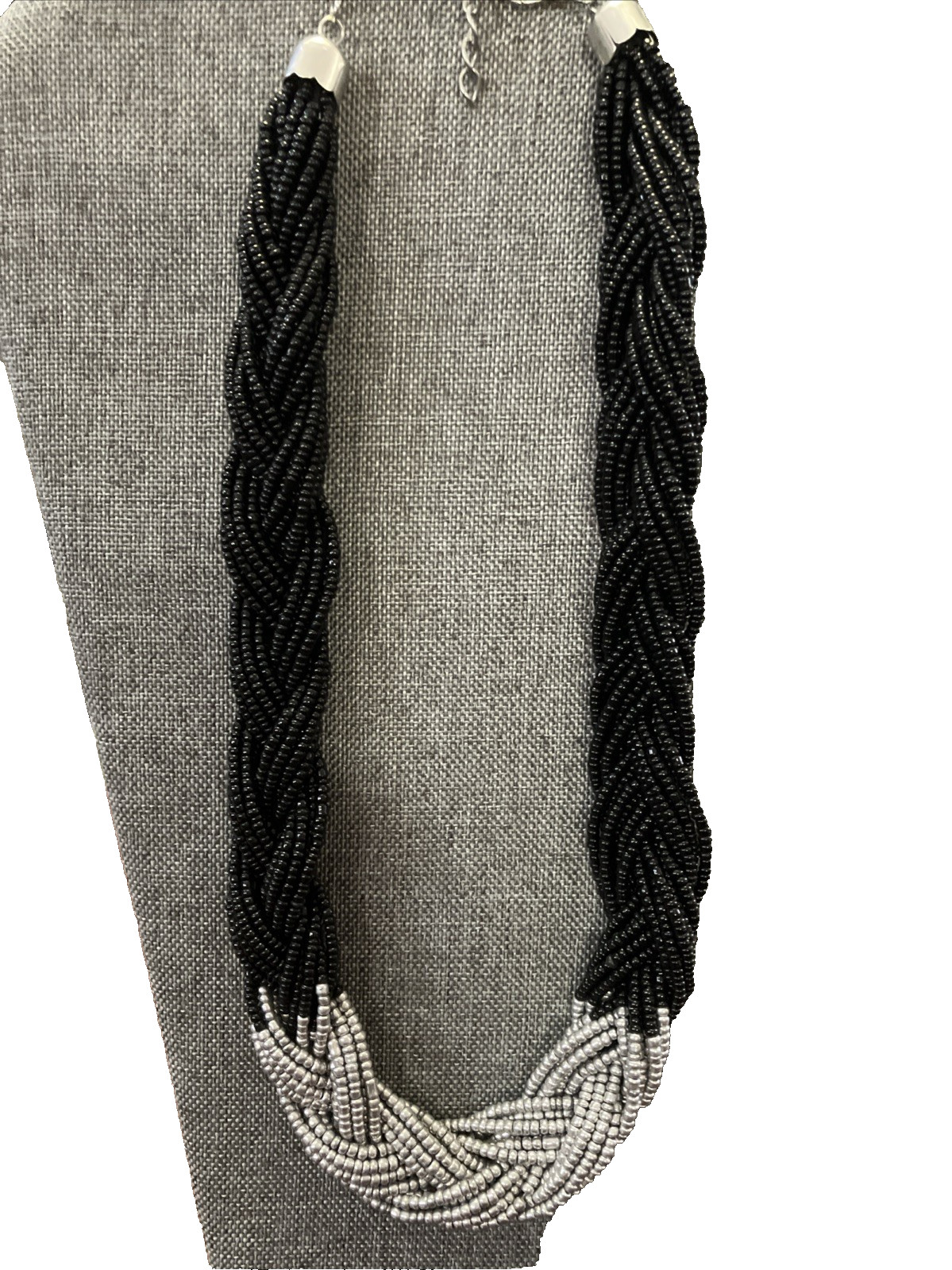 Handmade Black Silver Beaded Necklace Braided Multi Strand Chunky Statement Boho