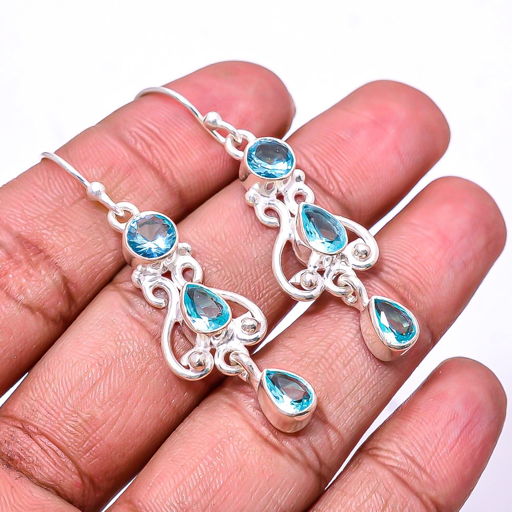 Blue Topaz Multi Collet 925 Sterling Silver Earring 1.95″ E799535211, Christmas