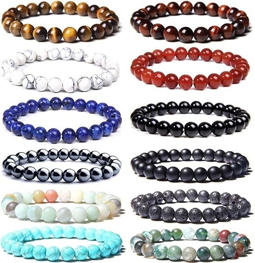 12 PCS 8Mm Semi-Precious Gemstone Bracelet Set Crystal Stone Stretch Bracelets f