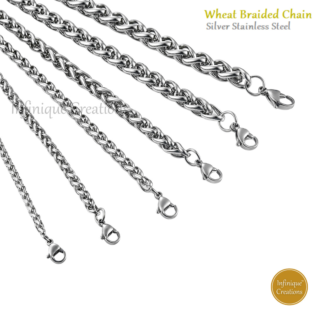 Stainless Steel Silver Wheat Braided Chain Necklace Men Women 3mm-8mm 7- 38″