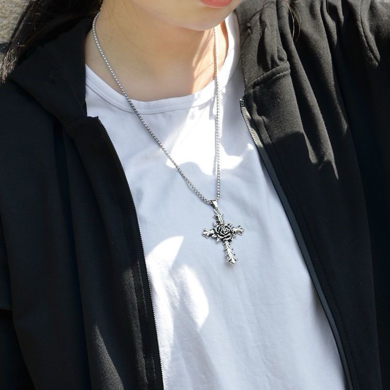 Vintage Stainless Hip Hop Punk Steel Fashion Rose Cross Pendant Jewelry Necklace