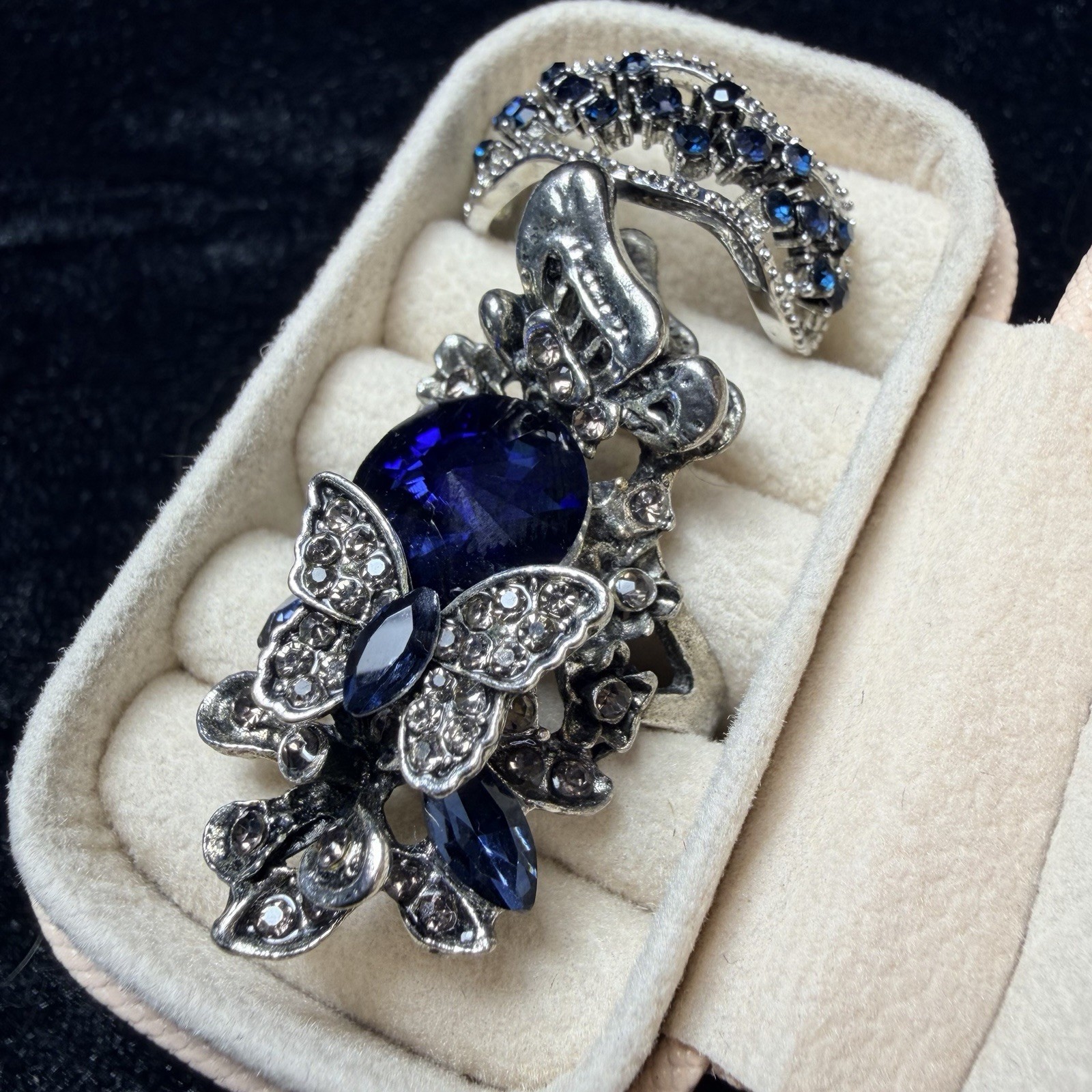 Lot Of 2 Silver Tone Rings Blue Rhinestones Butterfly W/Pink Ring Box Sz. 8-8.75