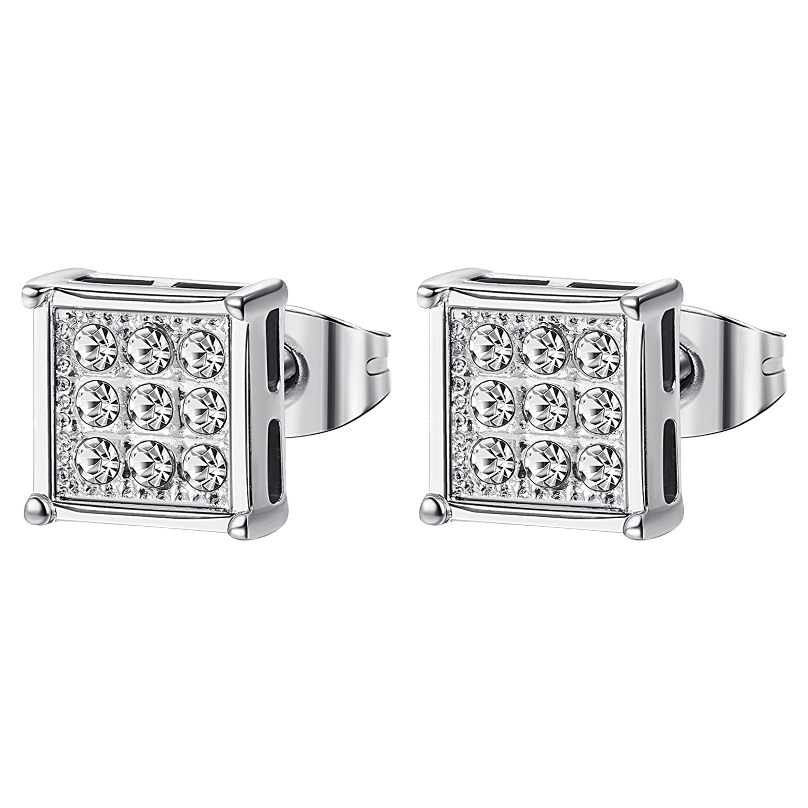 Stainless Steel Cubic Zirconia Square Studs Earrings Men Women CZ Earrings 8mm
