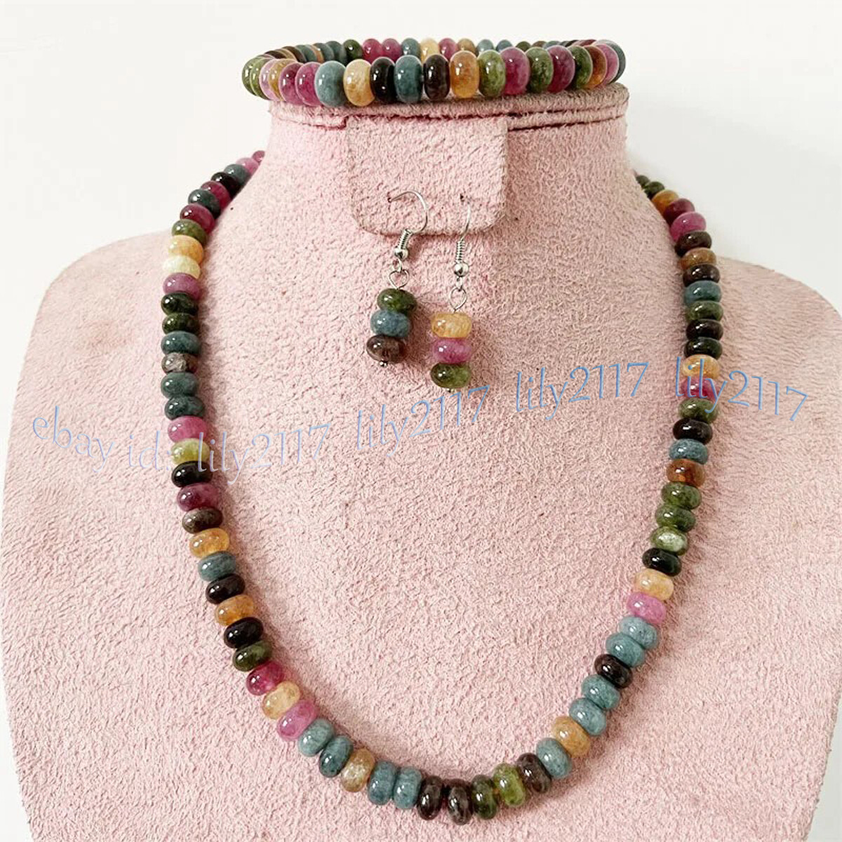Natural Colorful Tourmaline Rondelle Gems Beads Necklace Bracelet Earrings Set