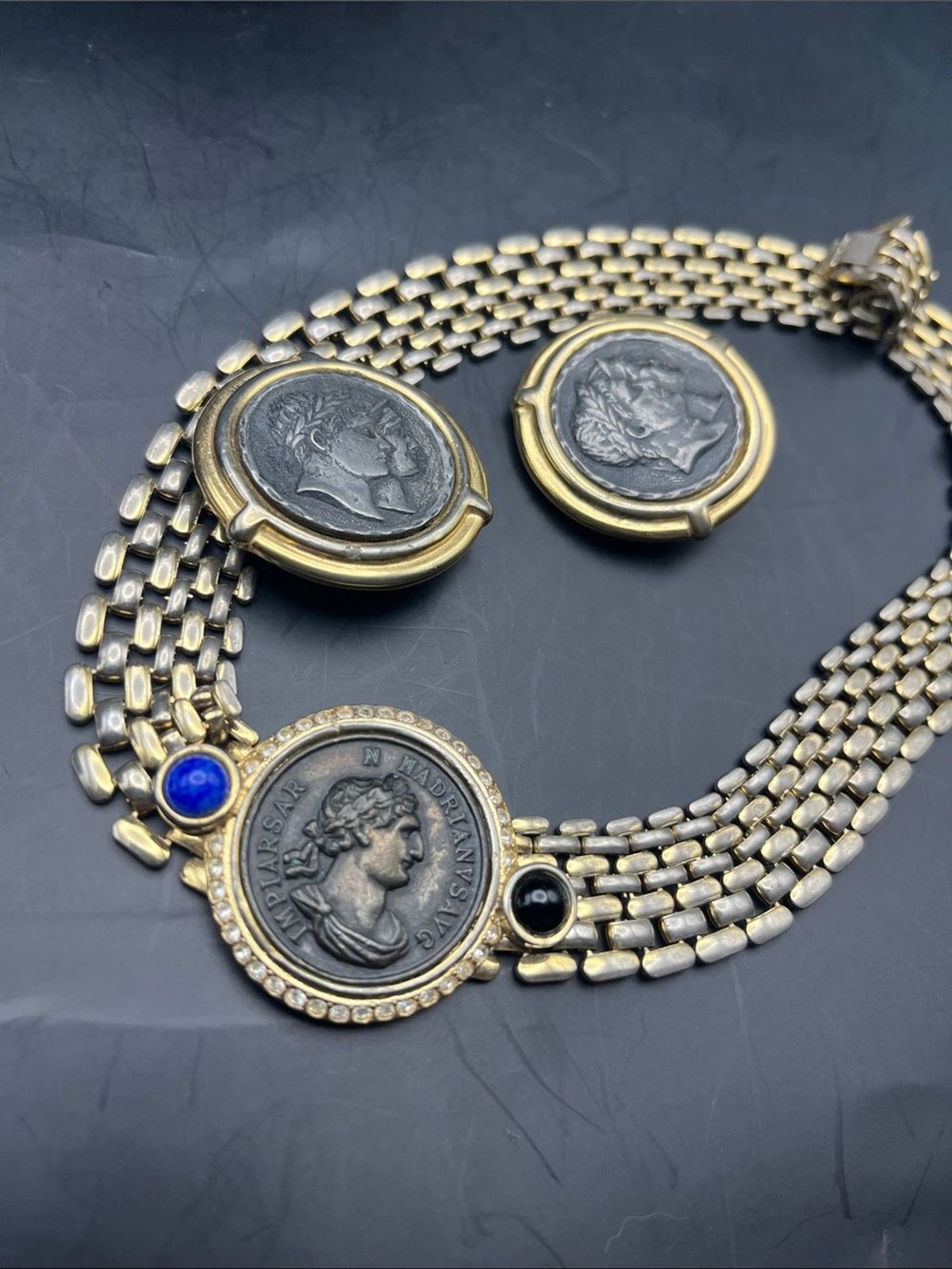 80s VINTAGE Gold Tone Chain Roman Coin IMPIARSAR N HADRIANVS Necklace earrings!!