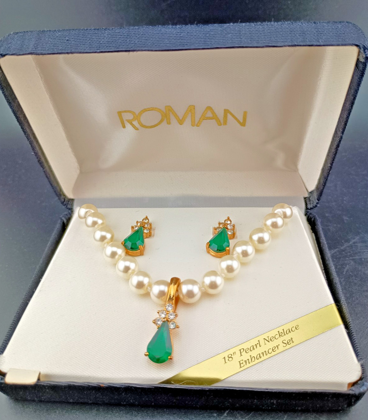 Roman Emerald Pearl Jewelry Necklace Peirced Earrings Yellow Gold Plated W/ Box