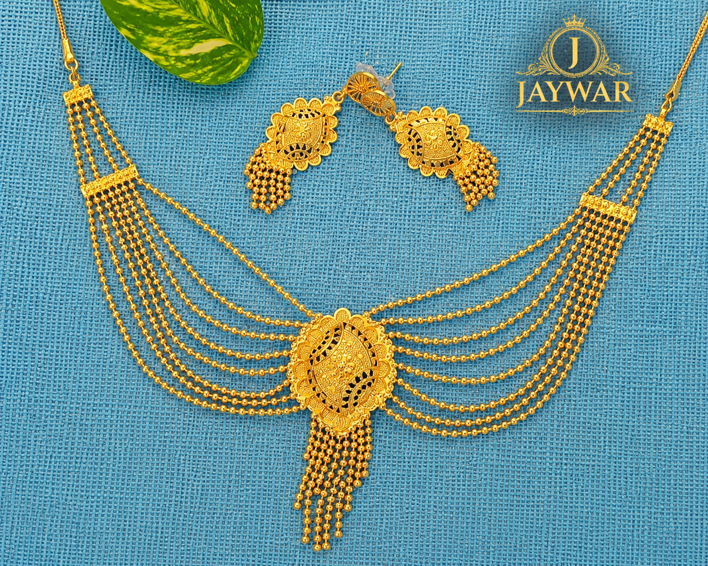 Jaywar Gold Tone Multi Layer Beaded Necklace Set with Earrings Gold Plated