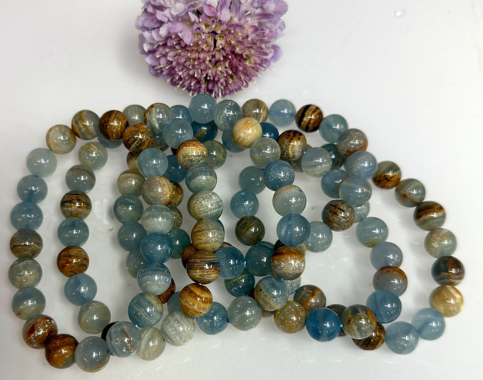 Wholesale 6 Pcs Natural Aquatine Lemurian Calcite 9-10mm 8” Crystal Bracelet