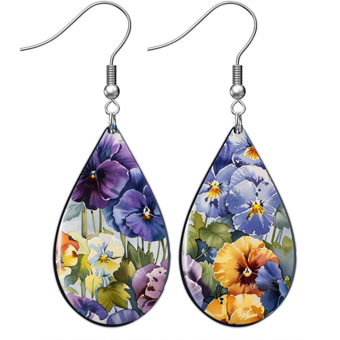 Pansy Pansies Earrings Flower Floral Watercolor Art Print Teardrop Dangle Silver