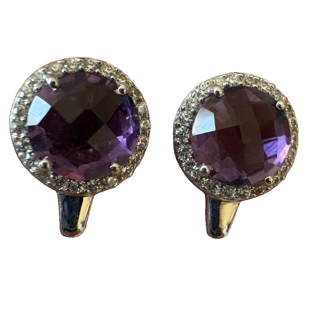 GORGEOUS Round Amethyst and White Stone Drop Earrings- 7.9 Carats- BRAND NEW