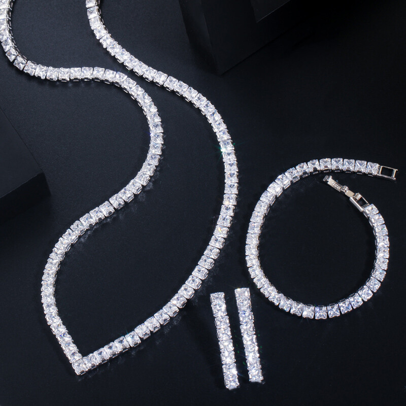 Gorgeous Silver Plated CZ Bridal Square Necklace Earrings Bracelet Jewelry Set