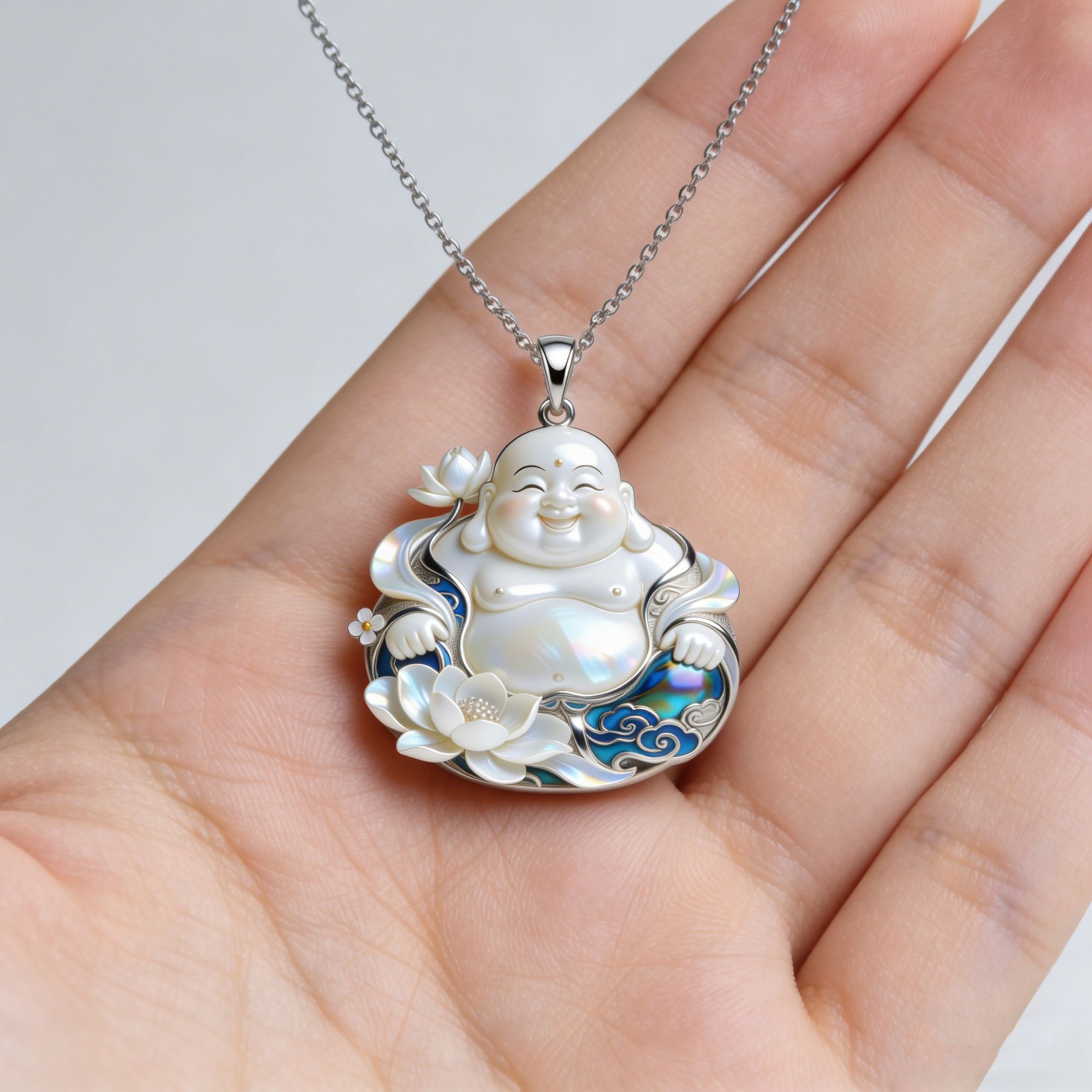 New Metal Maitreya Buddha Lotus Pendant Necklace Chinese Style Figure Gift
