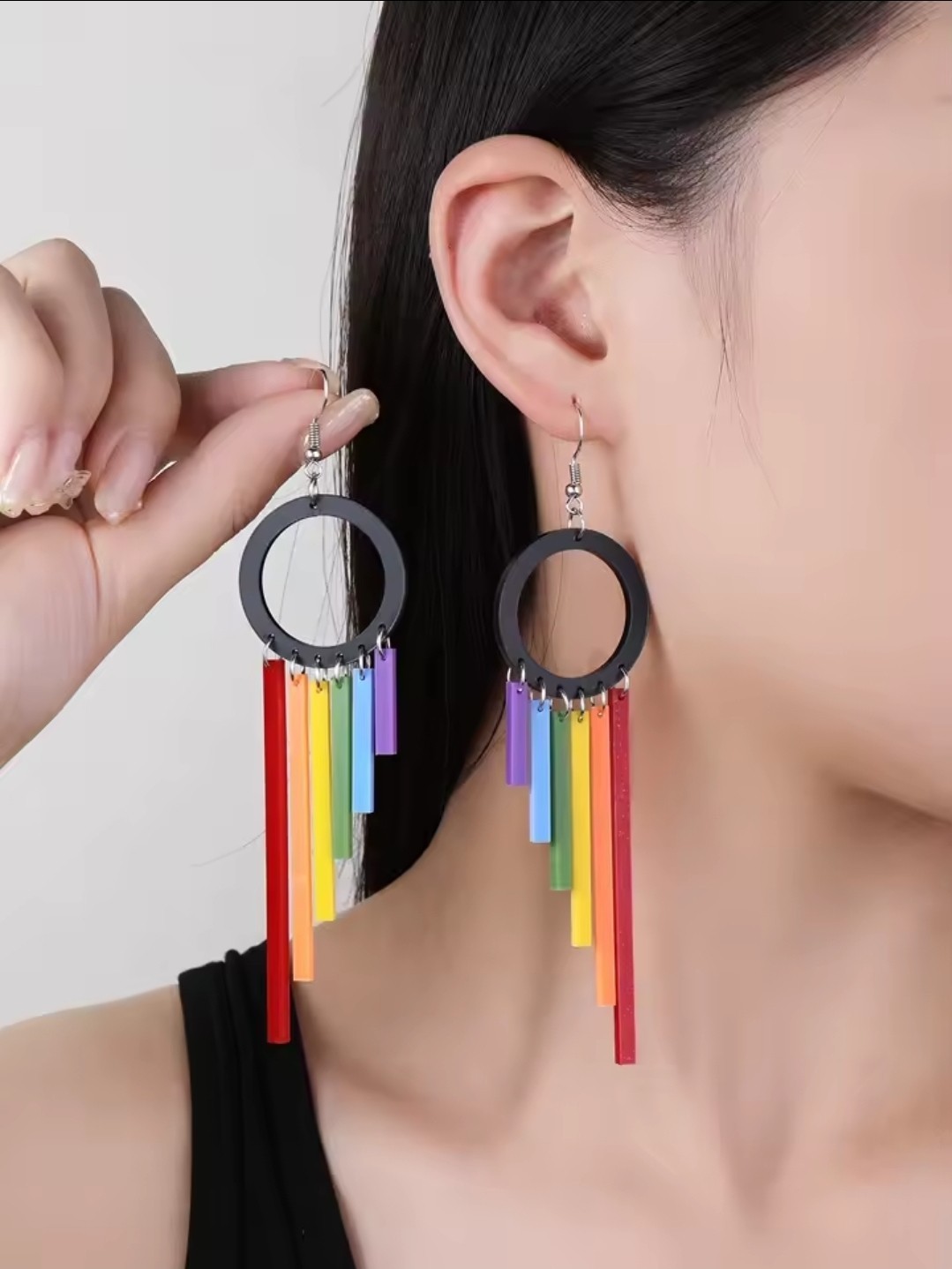 Multicolor Round Hoop Dangle Drop Fringe Earrings Plastic, Hook Closure