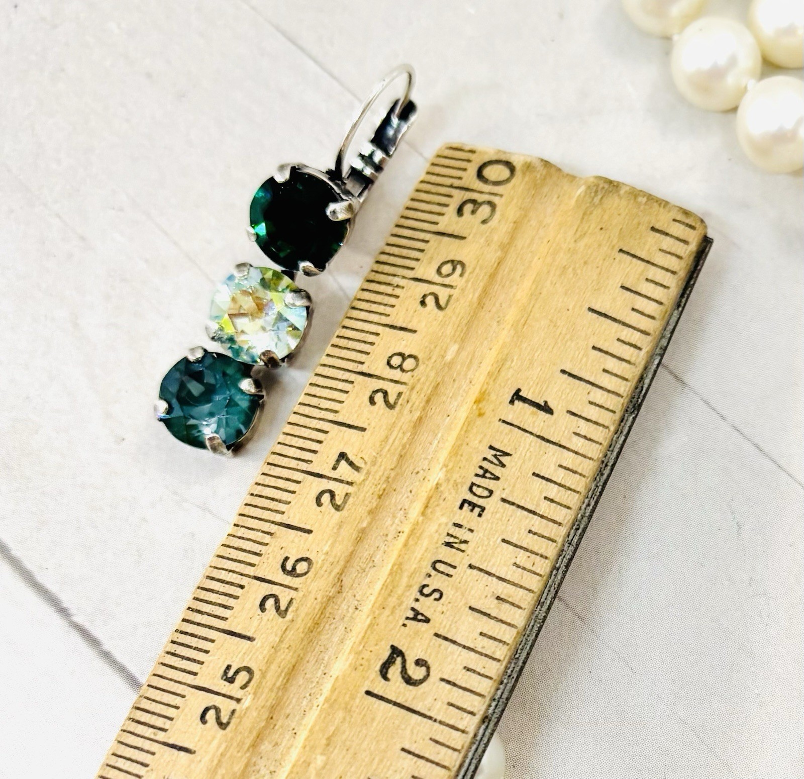Triple Stone Pine Green Cup Chain Long Earrings