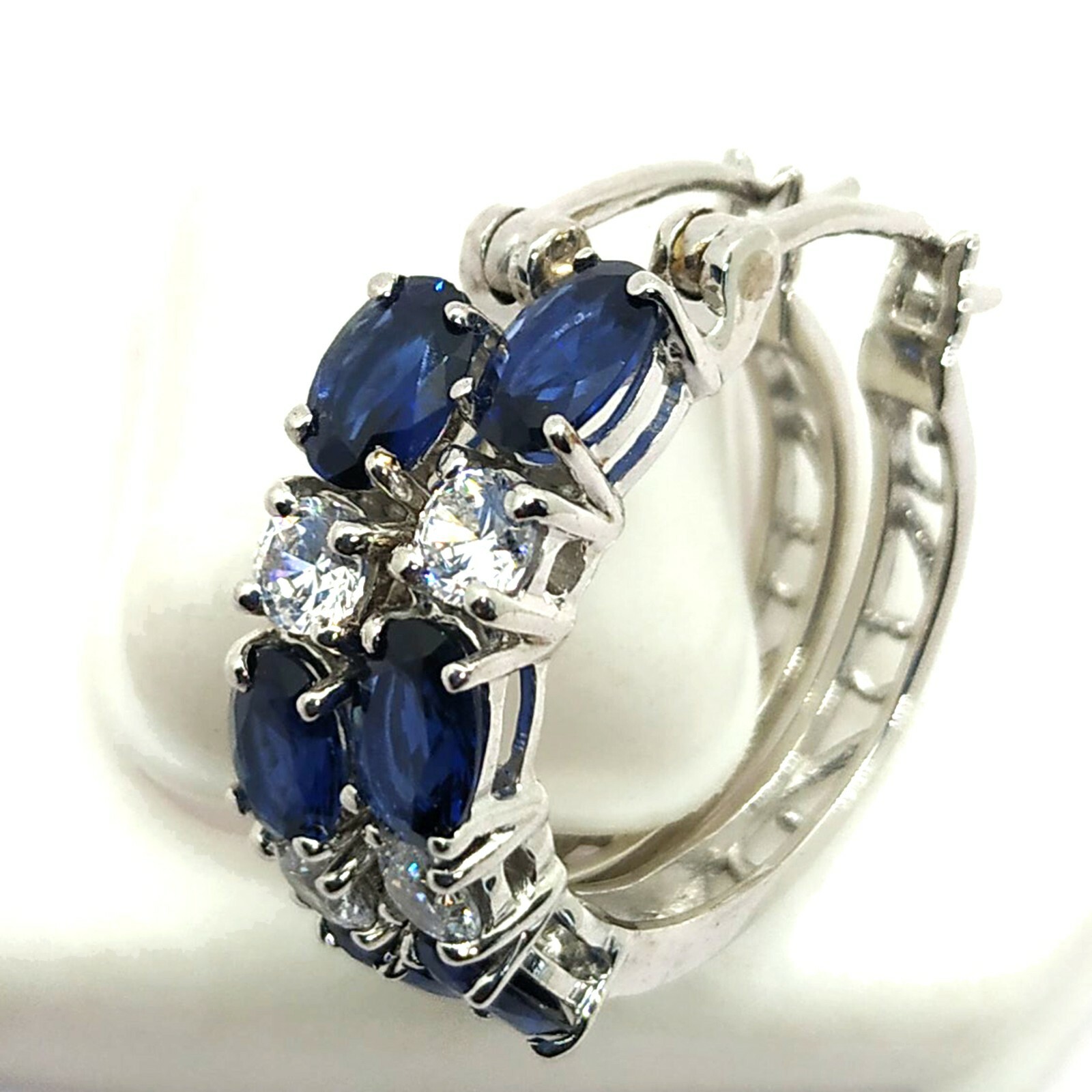 2.10 Ct Simulated Sapphire Hoop Earrings With Cz in 14K White Gold Plated Brass