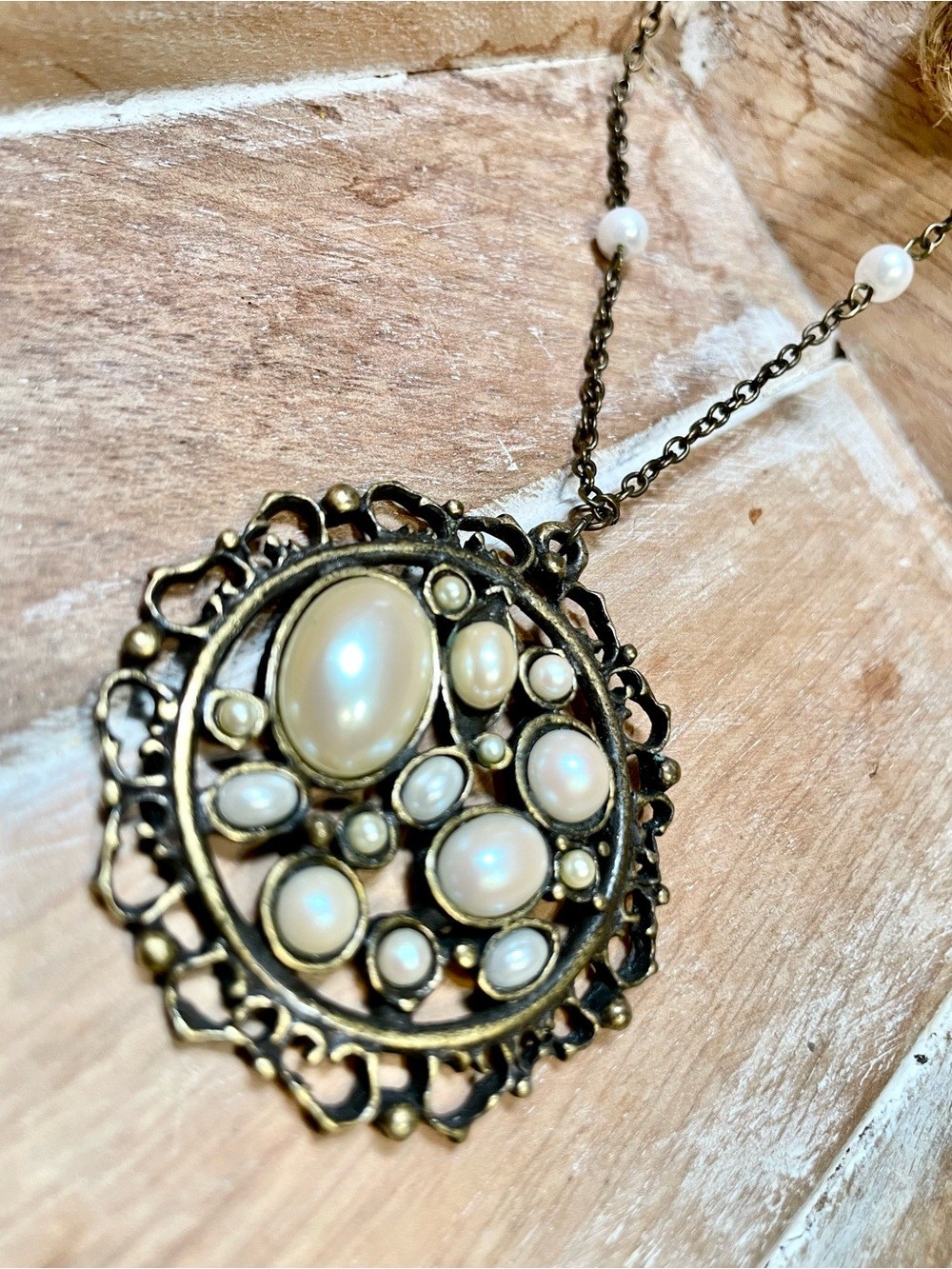 Antique Gold-Tone Pearl Cluster Pendant Necklace – Women Jewelry