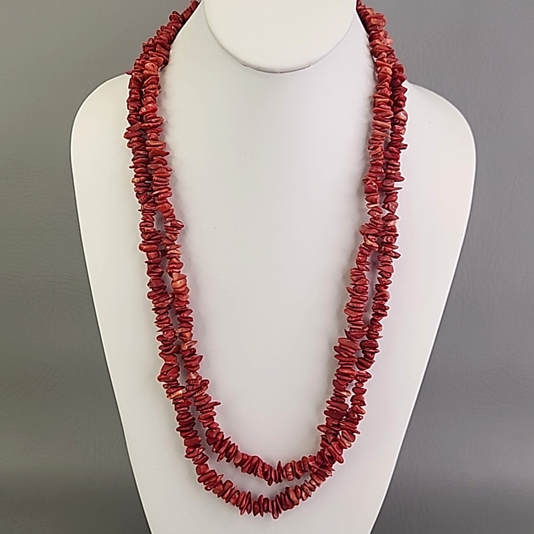 Coral Beaded Necklace Chip Red Orange Dyed Endless 52″ Long Flapper