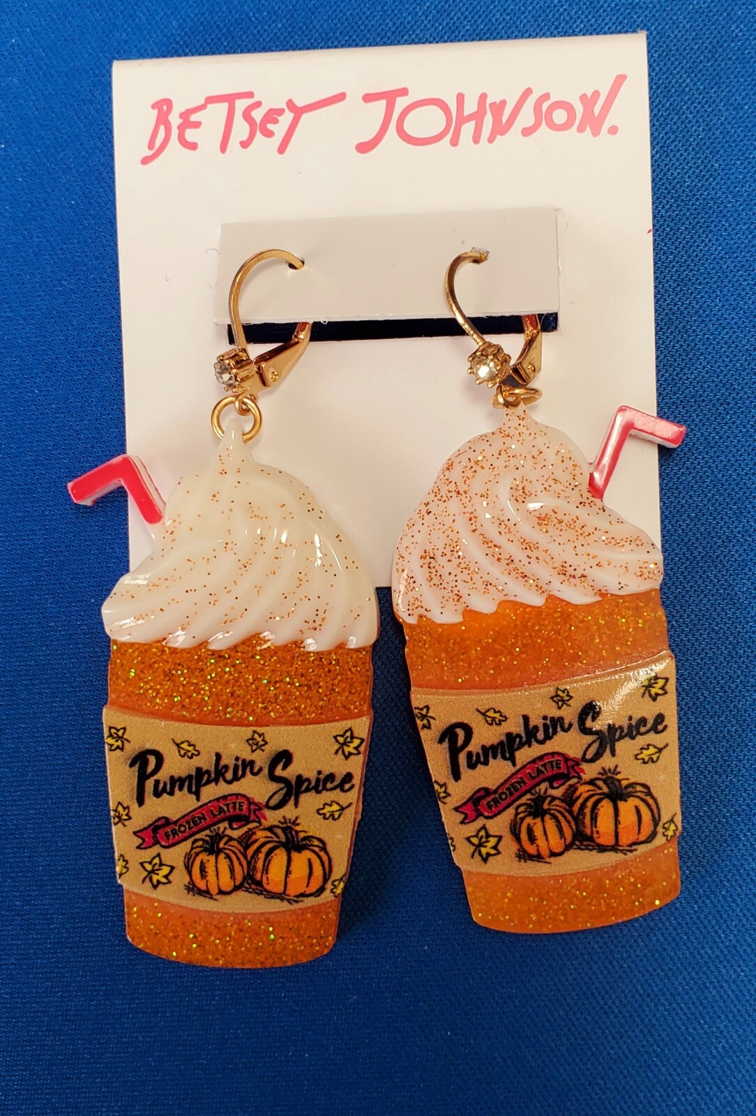 Betsey Johnson Gold Tone Orange & White Pumpkin Spice Latte Drop Earrings – NEW