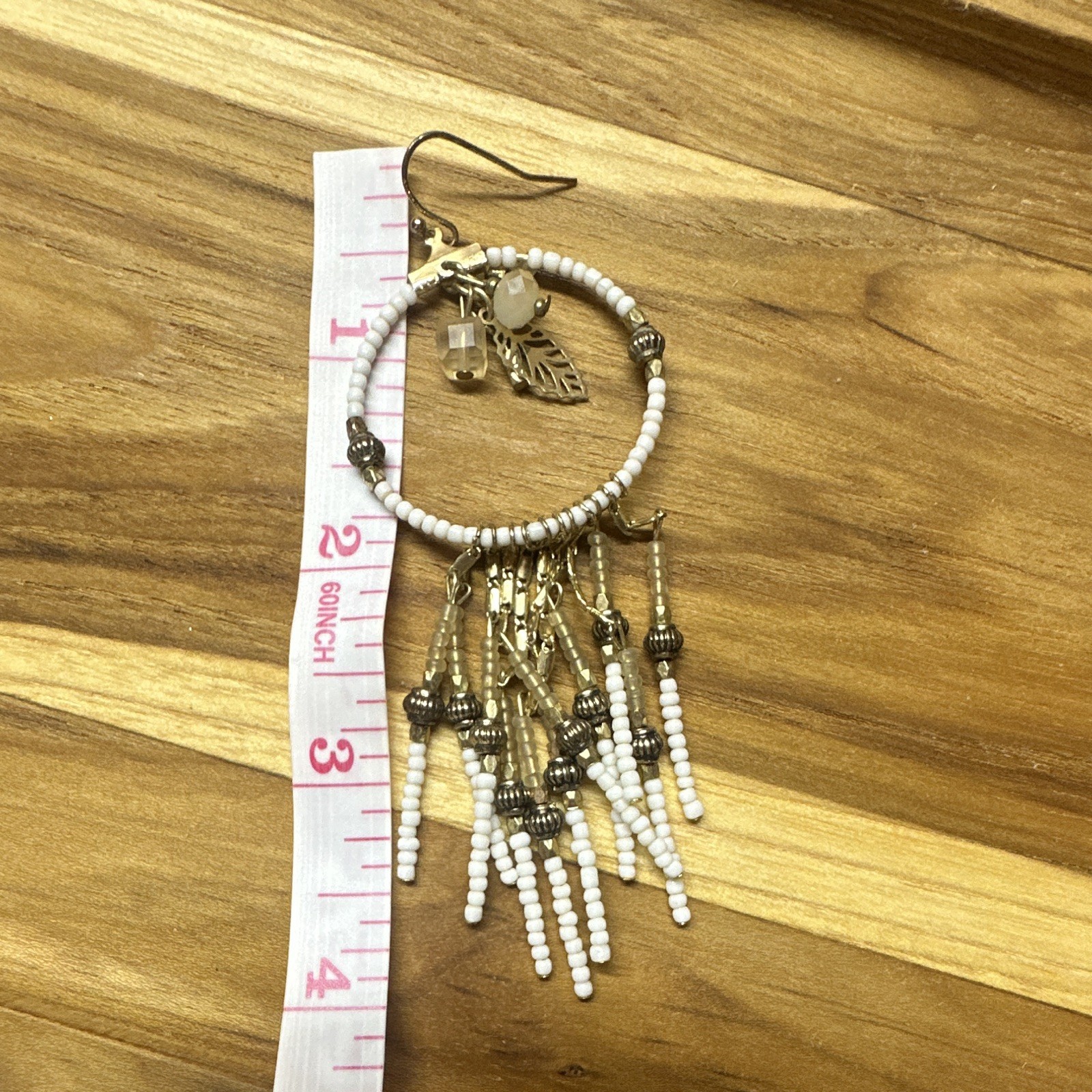 White Gold Beaded Hoop Dangle Earrings Leaf Charms Fringe Tassels Hook