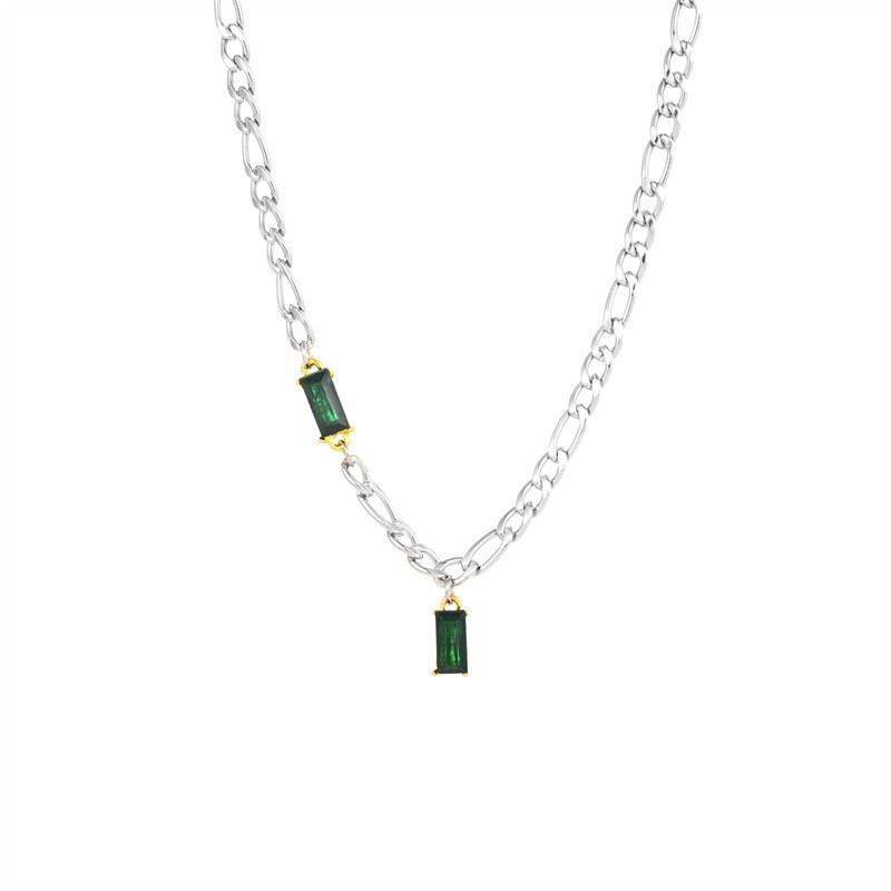 Silver Stainless Steel Figaro Chain Necklace Rectangle Green Zirconia Jewelry