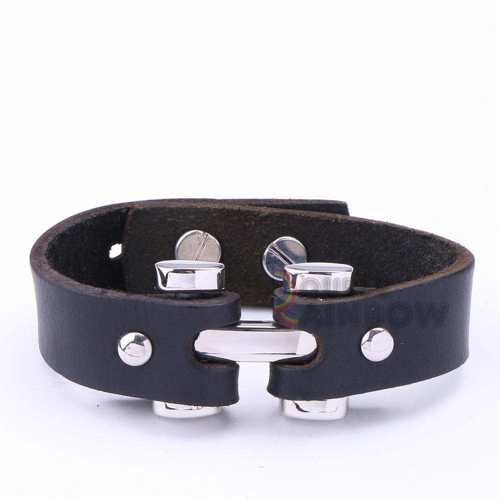 Men’s Stainless Steel Black Brown Leather Belt Adjustable Bracelet #MB-3