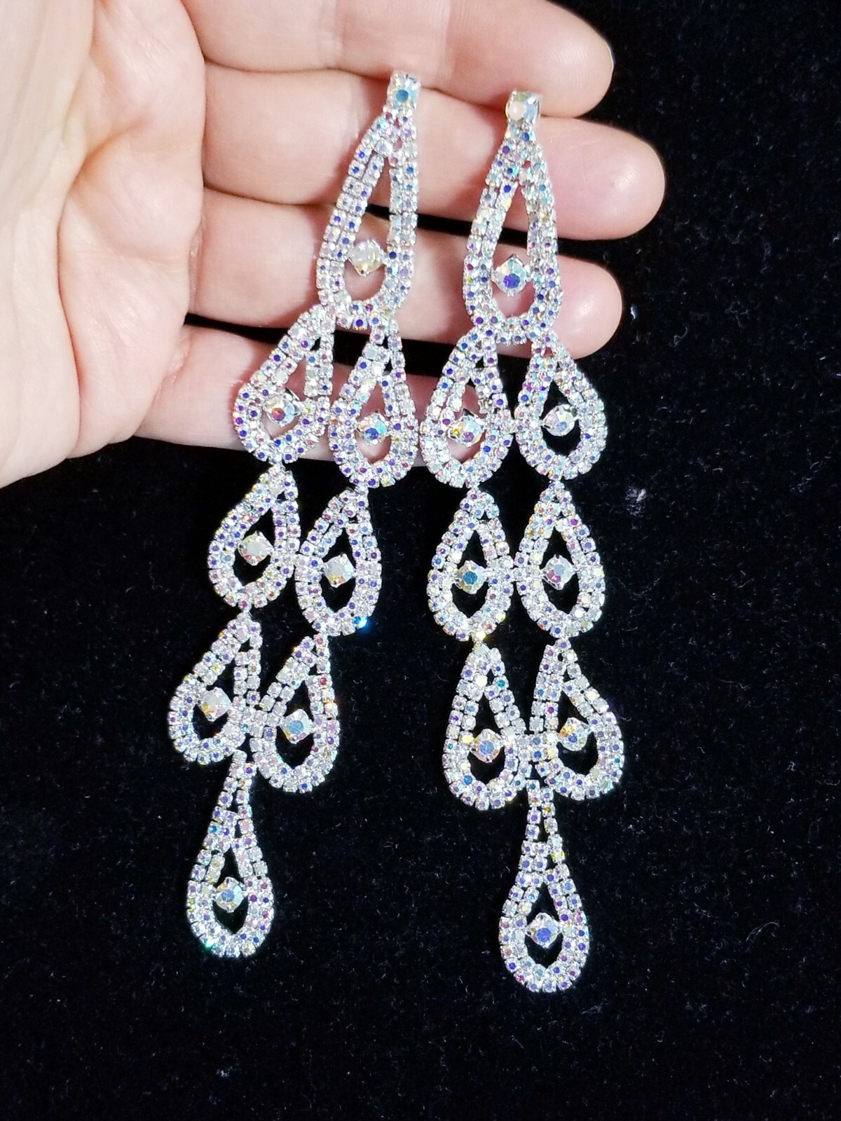 Bridesmaid Drop Dangle Chandelier Earrings 5.8 inch AB Rhinestone Pageant Prom