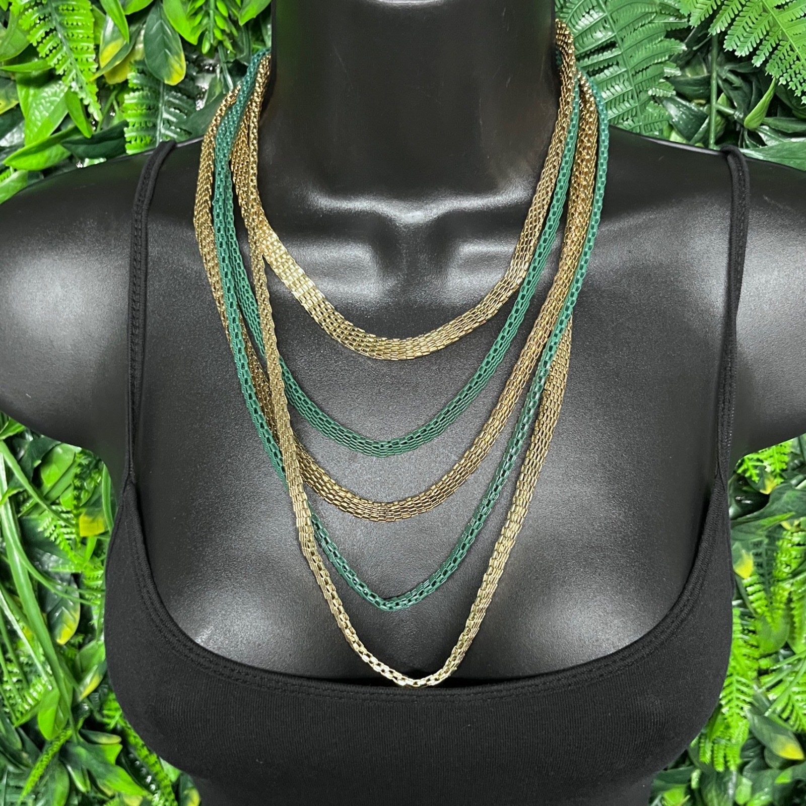 Statement Bib Necklace Multi Strand Mesh Gold Emerald Green Tiered Chain 3817
