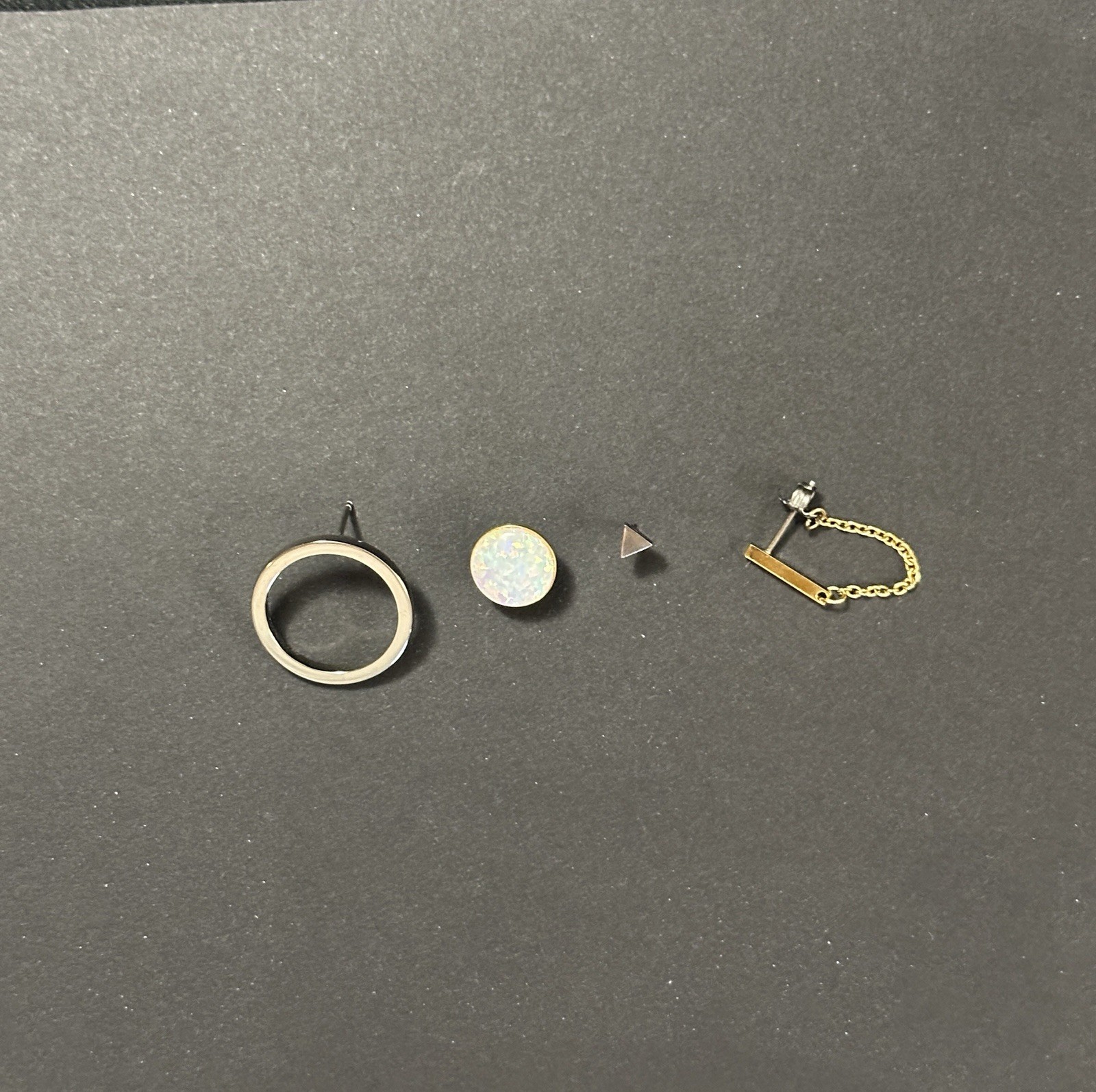 Lot of Tini Lux Single Earrings Opal, Circle, Triangle Stud, Silver Gold Chain