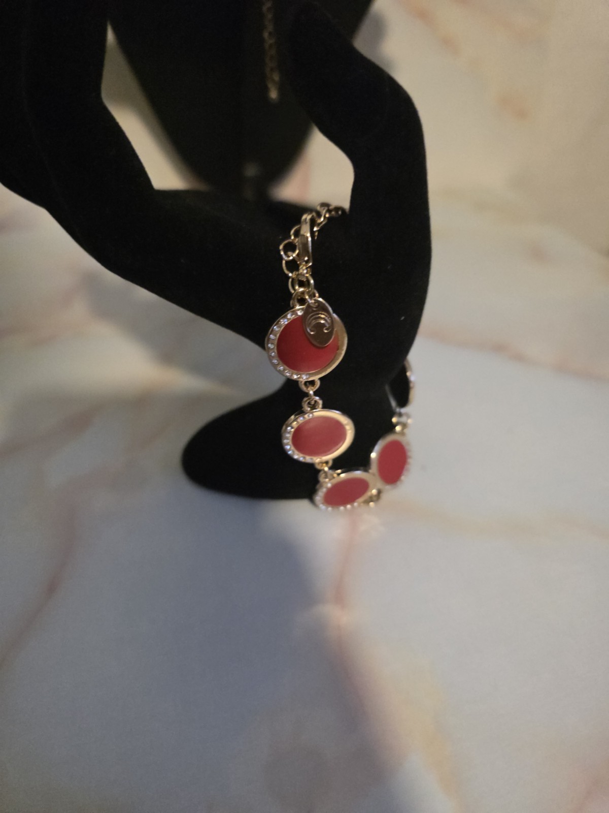 Silver Tone Cable Chain Bracelet Red Oval Dangle Charms Lobster No Stone