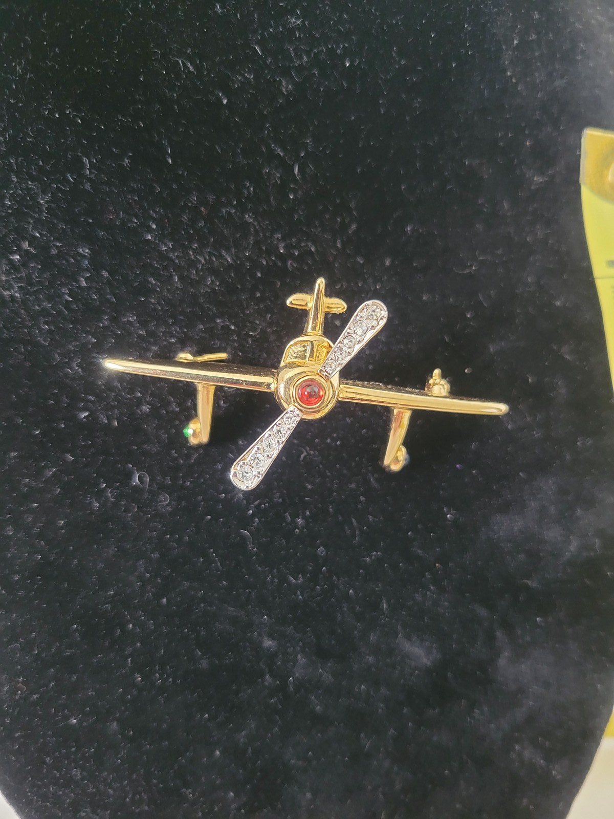 Gold Tone Airplane Brooch Pin Rhinestone Propeller Red Green Blue Stone Pilot