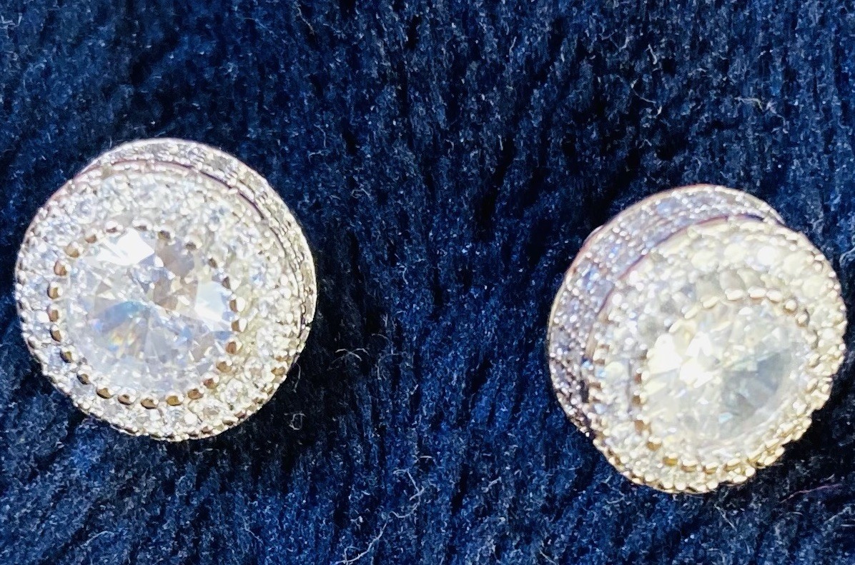 Silver-Tone Round White Simulated Cubic Zirconia Halo Cluster Stud Earrings