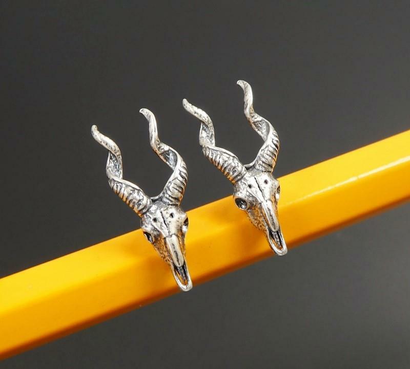 Handmade Sterling Silver Spiral Horn Goat Ram Head Skull Stud Earrings Gothic