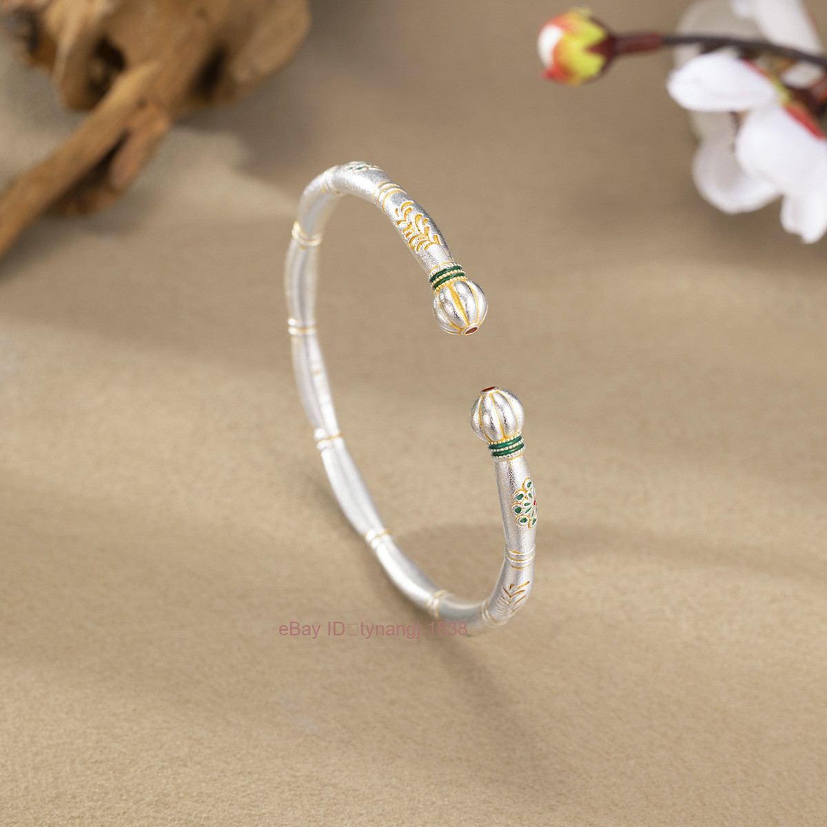 Women Pumpkin Head Bracelet Solid Open Matte Retro Bamboo Joint Silver Bracelet
