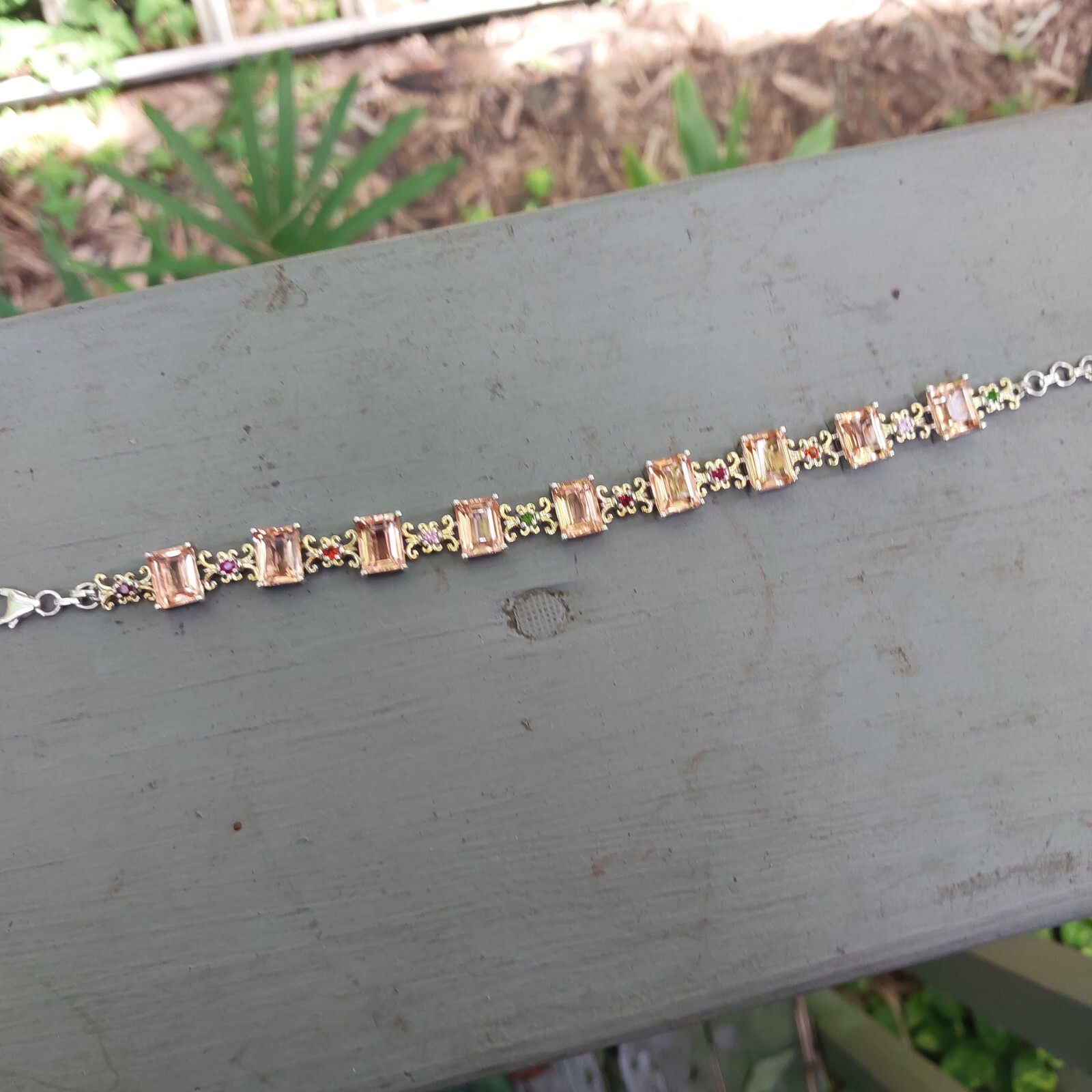 9 Yellow Pink Rectangle Stones .925 Sterling Silver Bracelet 19.2 Gr. 7 1/2″