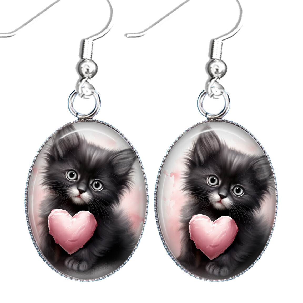 Black Kitten Earrings Valentine’s Silver Dangle Cat Love Valentine’s Jewelry