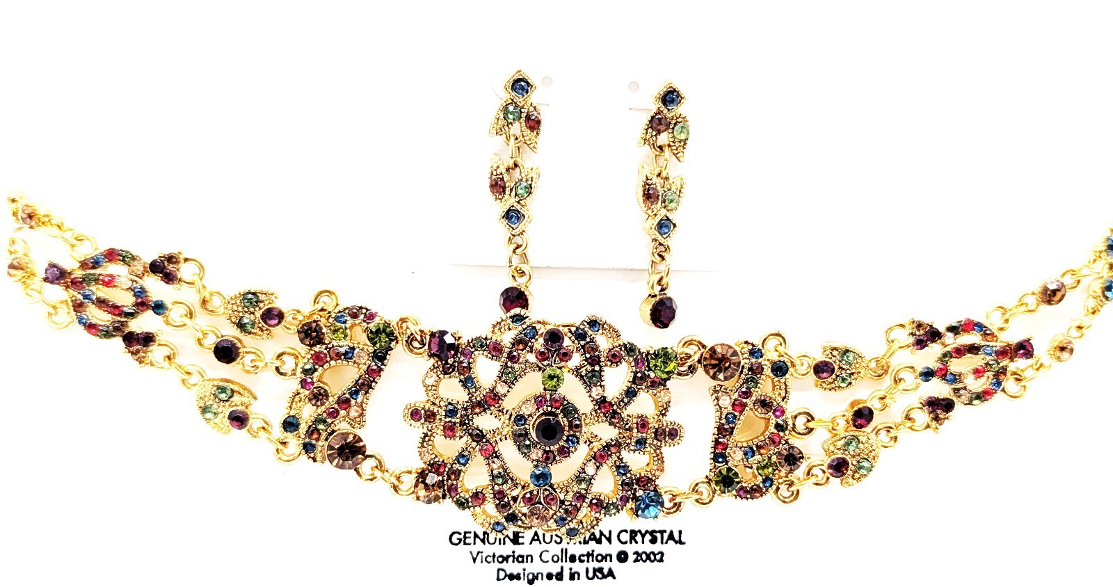 DESIGNER INSPIRED RAINBOW MULTI CRYSTAL CHOKER NECKLACE EARRINGS JEWELRY SET