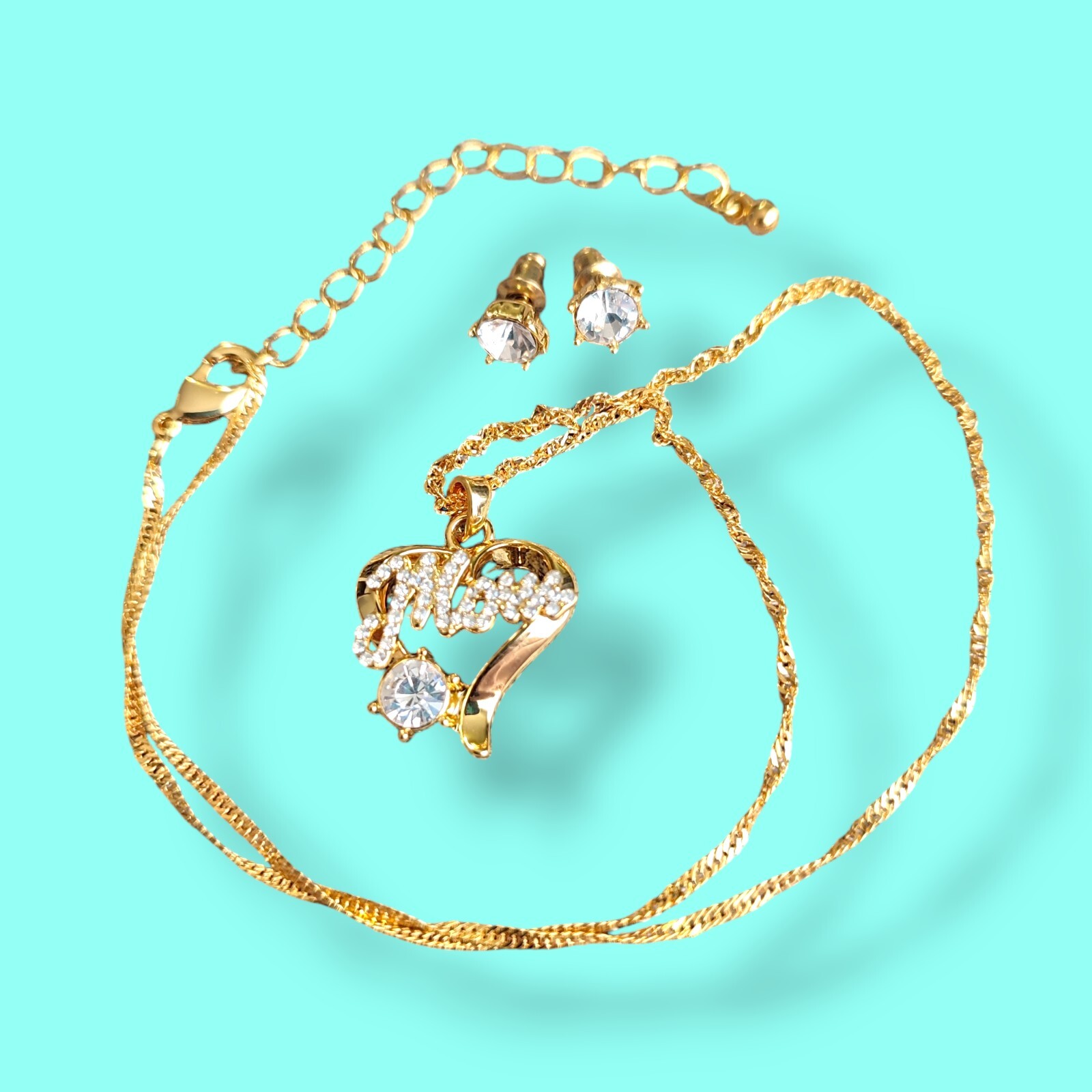 19in Gold Tone Clear Rhinestone Mom Necklace And Stud Earrings