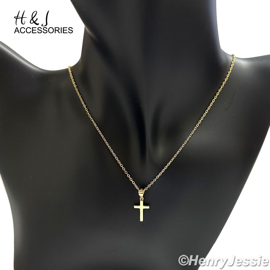 16″+2″WOMEN 925 STERLING SILVER SMALL GOLD PLATED CROSS PENDANT NECKLACE*WGN15