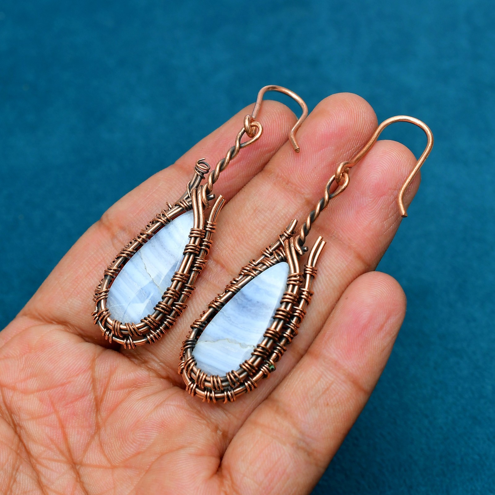 Blue Lace Agate Gemstone Handmade Copper Ethnic Jewelry Earrings 2.83″