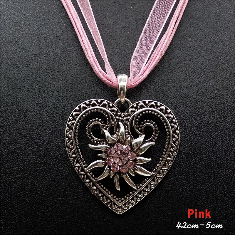 New Vintage Heart Edelweiss Flowers Necklace Organza Ribbon Pendant Women