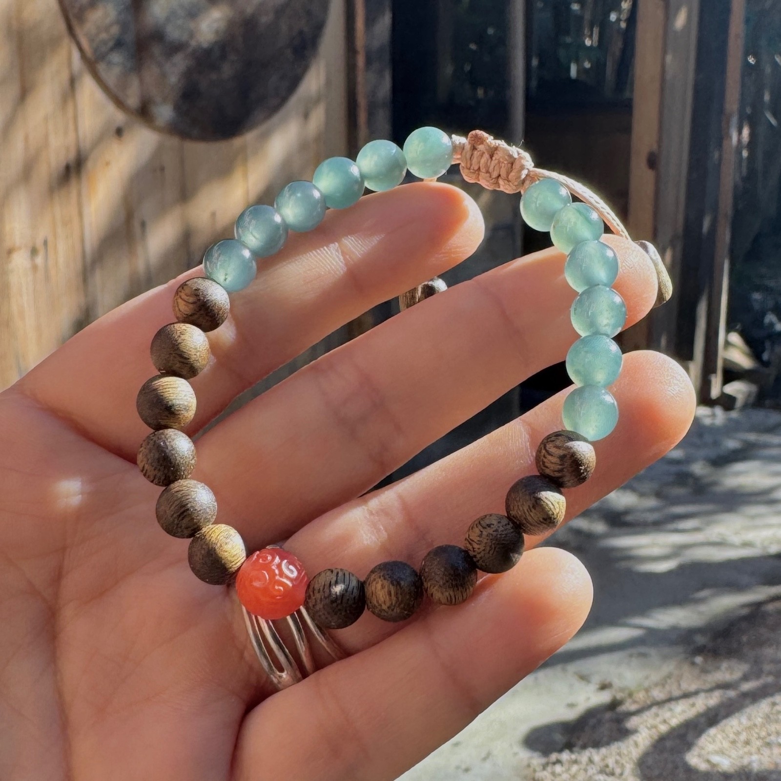 Aromatic Bracelet w Blue Guatemalan Jade Agarwood Nanhong South Red Agate 26M005