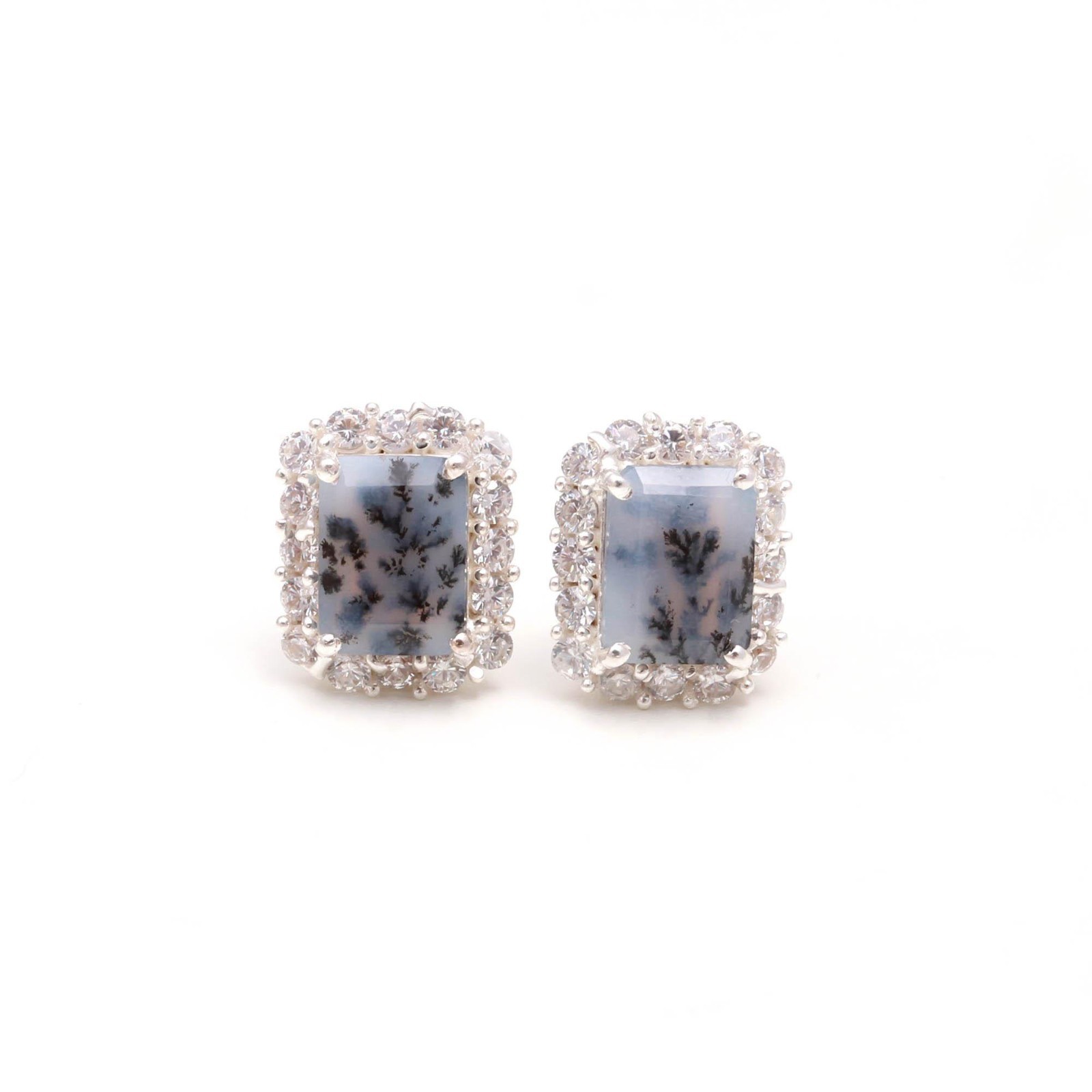 100% Natural Dendrite Opal Octagon Stud Earrings Solid Silver Moissanite Jewelry